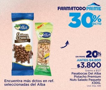 FarmaTodo Pasabocas del Alba Pistacho Premium Nuts Salado Paquete 30g oferta
