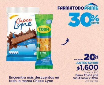 FarmaTodo Barra Tosh Lyne Sin Azucar 32g oferta