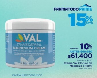 FarmaTodo Crema Val Cloruro de Magnesio 118ml oferta