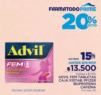 FarmaTodo Advil Fem Tabletas Caja 10 Tab. Pfizer Ibufrofeno Cafeína oferta