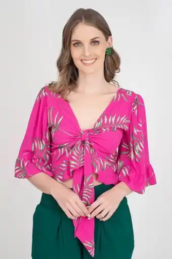 Unipunto Blusa crop top manga al codo campana de anudar en centro oferta