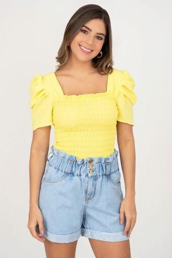 Unipunto Crop top cuerpo ruchado manga globo oferta