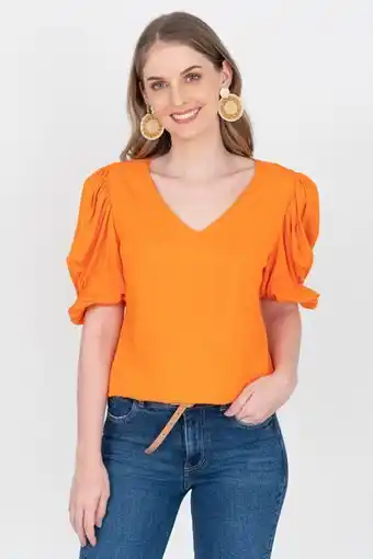 Blusa escote v manga bombacha