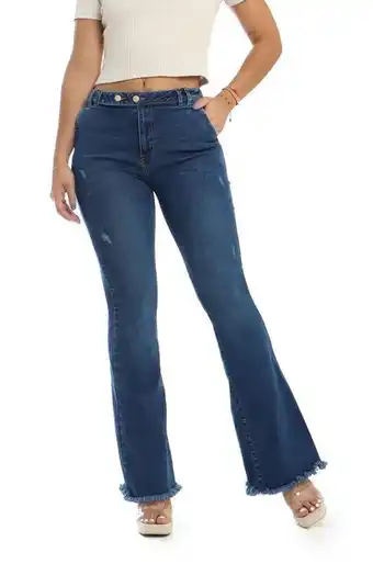 Joystaz Jeans Jean flare, levanta cola, bota desflecada, detalles en destroyer y dos botones ajustables, color azul medio. oferta