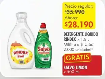 Metro Detergente líquido rindex x 1.8l gratis salvo limón x 500ml oferta