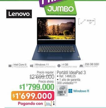 Jumbo Lenovo portátil ideapad 3 • ref. 14iml05 oferta