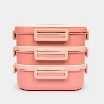 Set de recipientes para alimentos rosado x 3 piezas + cuchara y palillos