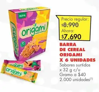Metro Barra de cereal origami x 6 unidades sabores surtidos x 32 g c/u oferta