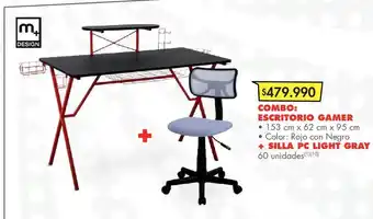 Metro Combo: escritorio gamer • 153 cm x 62 cm x 95 cm • color: rojo con negro + silla pc light gray oferta