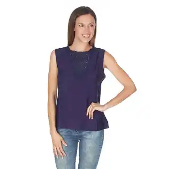 Los Tres Elefantes Blusa azul con encaje manga sisa cuello redondo oferta