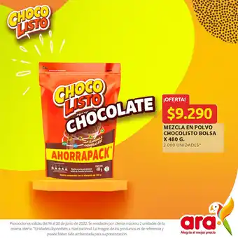 Ara Mezcla en polvo Chocolisto Bolsa x 480 g oferta