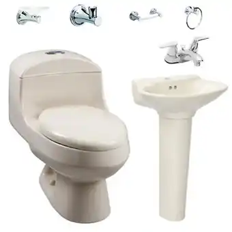 Tienda Cerámica Corona Combo montecarlo novo rodano bone: sanitario con taza redonda, lavamanos con pedestal, grifería y accesorios oferta