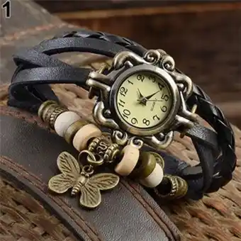 Linio Reloj de pulsera para mujer, estilo informal, multicapa, vintage, mariposa, cuero de imitación, reloj de pulsera para mujer, oferta