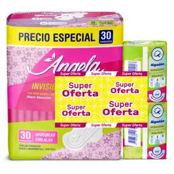 MegaTiendas Toallas higiénicas angela invisible x 30 unds + 2 paquete de protectores x 15 unds c/u oferta