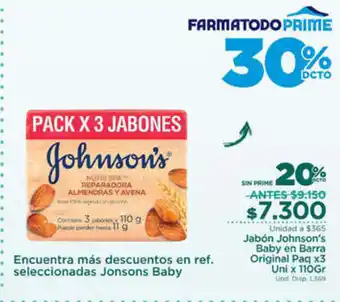FarmaTodo Jabon Johnson's Baby en Barra Original Paq x 3 Uni x 110gr oferta