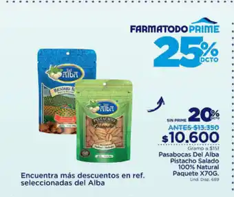 FarmaTodo Pasabocas Del Alba Pistacho Salado 100% Natural Paquete x70g oferta