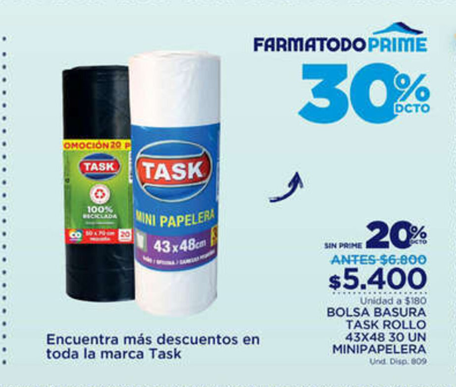 FarmaTodo Bolsa Basura Task Rollo 43 x 48 30 Un Minipapelera oferta