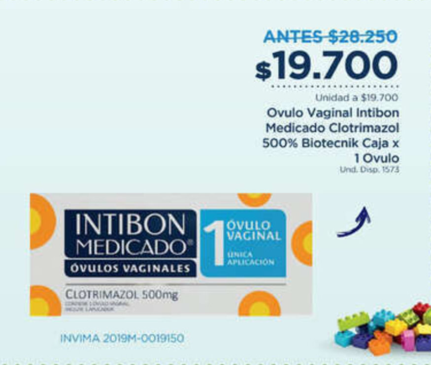 FarmaTodo Ovulo Vaginal Intibon Medicado Clotrimazol 500% Biotecnik Caja x 1 Ovulo oferta