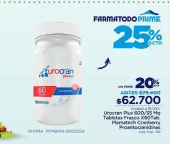 FarmaTodo Urocan Plus 600/35 Mg Tabletas Frasco x60Tab Plamatech Cranberry Proantocianidinas oferta