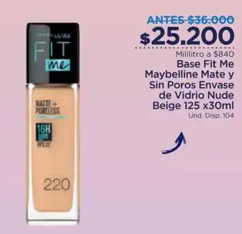FarmaTodo Base Fit Me Maybelline Mate y Sin Poros Envase de Vidrio Nude Beige 125 x 30ml oferta