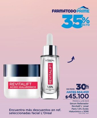 FarmaTodo Sérum Rellenador Revitalif L'Oreal Paris 1.5% Ácido Hialurónico x 30ml oferta