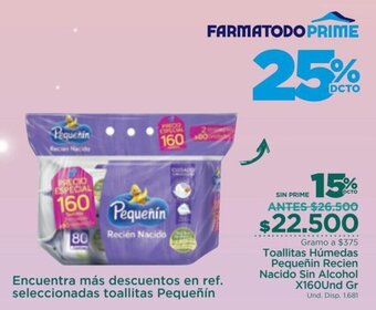 FarmaTodo Toallitas Húmedas Pequeñín Recien Nacido sin Alcohol x 160 und oferta