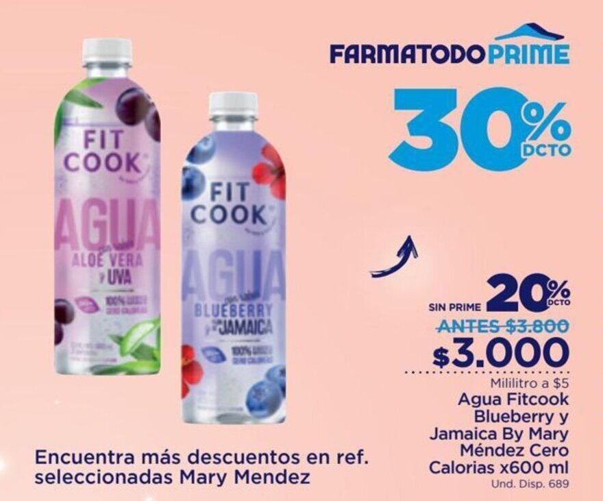 FarmaTodo Agua Fitcook BLueberry y Jamaica by Mary Méndez Cero Calorias x 600ml oferta