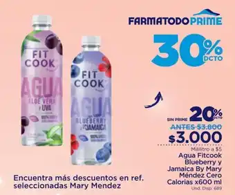 FarmaTodo Agua Fitcook BLueberry y Jamaica by Mary Méndez Cero Calorias x 600ml oferta