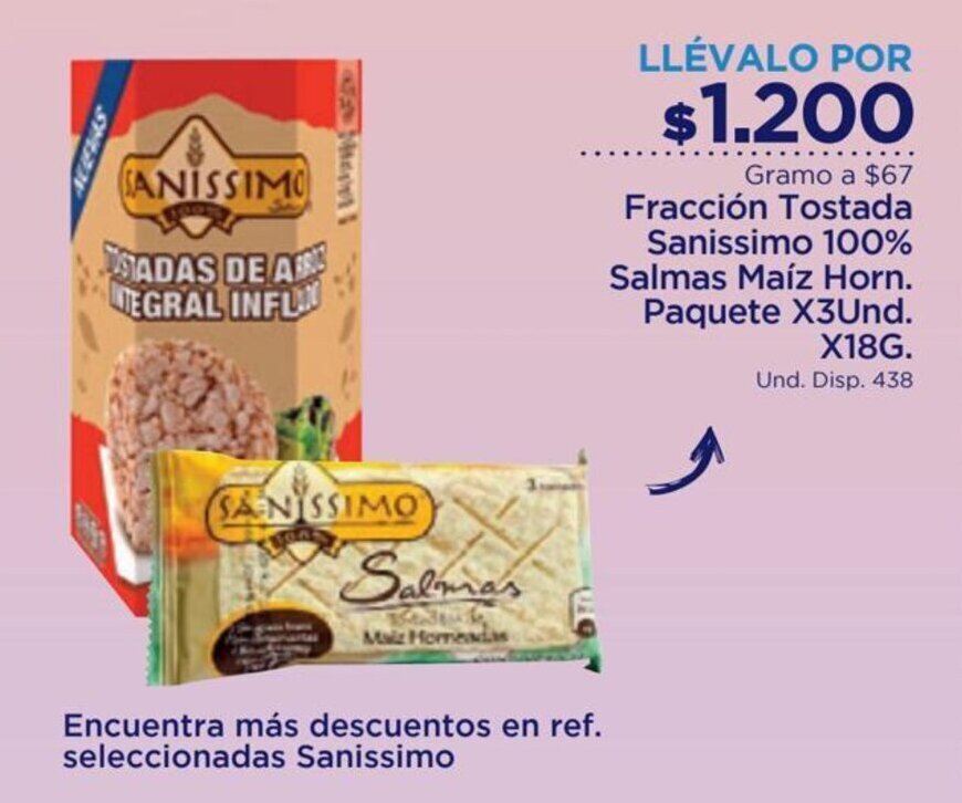 FarmaTodo Fracción Tostada Sanissimo 100% Salmas Maíz Horn. Paquete x 3 und x 18g oferta