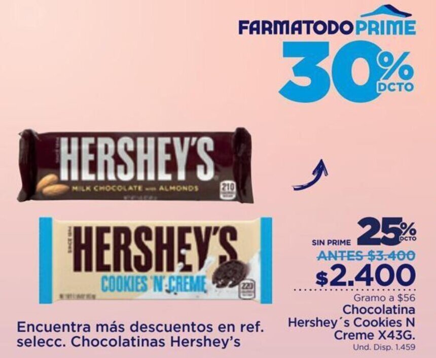 FarmaTodo Chocolatina Hershey's Cookies 'N' Creme x 43g oferta