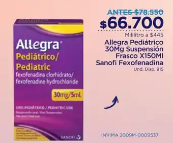 FarmaTodo Allegra Pediátrico 30mg Suspensión Frasco x 150ml Sanofi Fexofenadina oferta