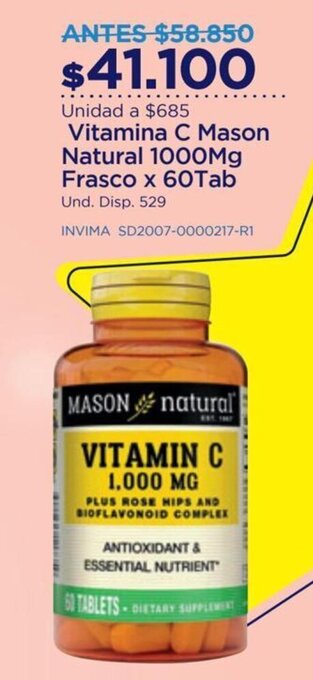 FarmaTodo Vitamina C Mason Natural 1000mg Frasco x 60 tab oferta