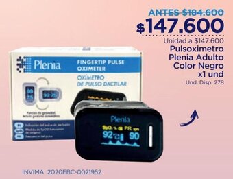 FarmaTodo Pulsoximetro Plenia Adulto Color Negro x 1 und oferta