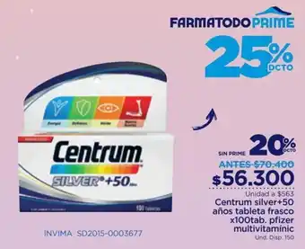 FarmaTodo Centrum Silver+ 50 Años Tableta Frasco x 100 tab. Pfizer Multivitamímic oferta