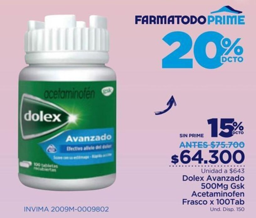 FarmaTodo Dolex Avanzado 500mg GSK Acetaminofen Frasco x 100 tab oferta