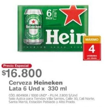Makro CErveza Heineken lata 6 und x 330ml oferta