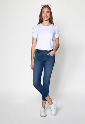 ELA Jean skinny tiro alto con ojaletes y sna oferta