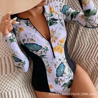 Linio Vestidos de baño sexy para mujer traje de surf de una pieza manga larga negro oferta