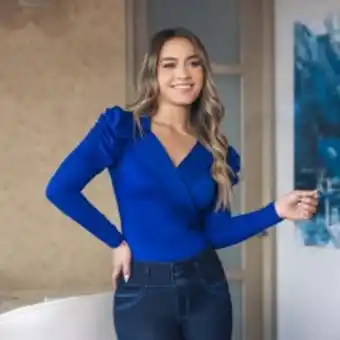 Ángel Jeans Body cuello camisero, manga puff, color: azul rey, manga larga oferta