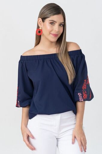 Unipunto Blusa off shoulder manga al codo bordada oferta