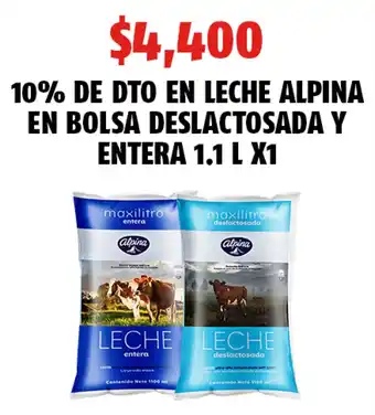 Oxxo Leche Alpina en Bolsa Deslactosada y Entera 1.1L oferta