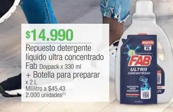 Jumbo Repuesto detergente líquido ultra concentrado fab doypack x 330 ml + botella para preparar x 2 l oferta