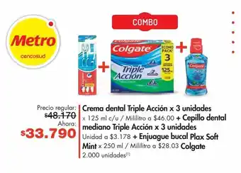 Metro Crema dental triple acción x 3un + cepillo dental + enjuague bucal plax soft oferta