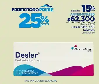 FarmaTodo Desler Desloratadina 5mg x 30 tabletas oferta