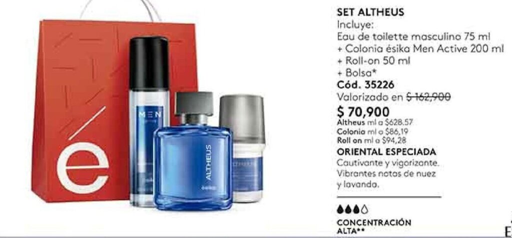 Ésika Set Altheus Eau de Toilette Masculina 75ml + Colonia Ésika Men Active 200ml + Roll-On 50ml + Bolsa oferta