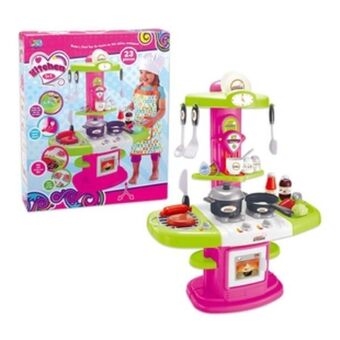Alkosto Cocina de juguete con parilla y accesorios 23 piezas rosada kitchen set oferta