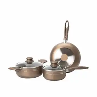 Alkosto Batería de cocina 5 piezas free home antiadherente tapa de vidrio champagne oferta