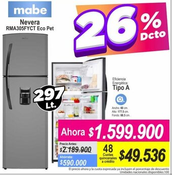 Alkomprar Mabe Nevera RMA305FYCT Eco Pet 297lt oferta