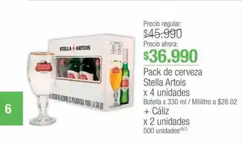 Jumbo Pack de cerveza stella artois x 4 unidades botella x 330 mi / mililitro a $28.02 + cáliz x 2 unidades oferta