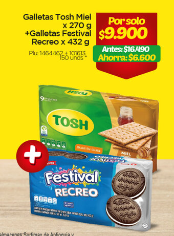 Galletas Tosh Miel x 270g + Galletas Festival Recreo x 432g